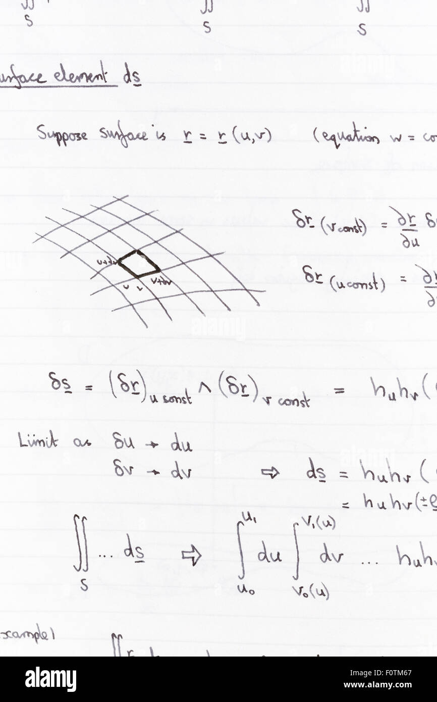 Integrazione di superficie di equazioni e schema per la matematica manoscritta su carta rigata Foto Stock