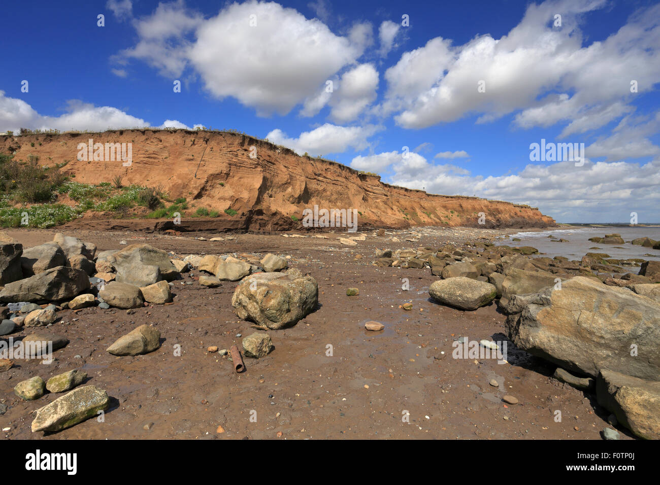 Barmston scogliere sulla costa di Holderness, East Yorkshire, Inghilterra, Regno Unito. Il più veloce erosione costiera in Europa. Foto Stock