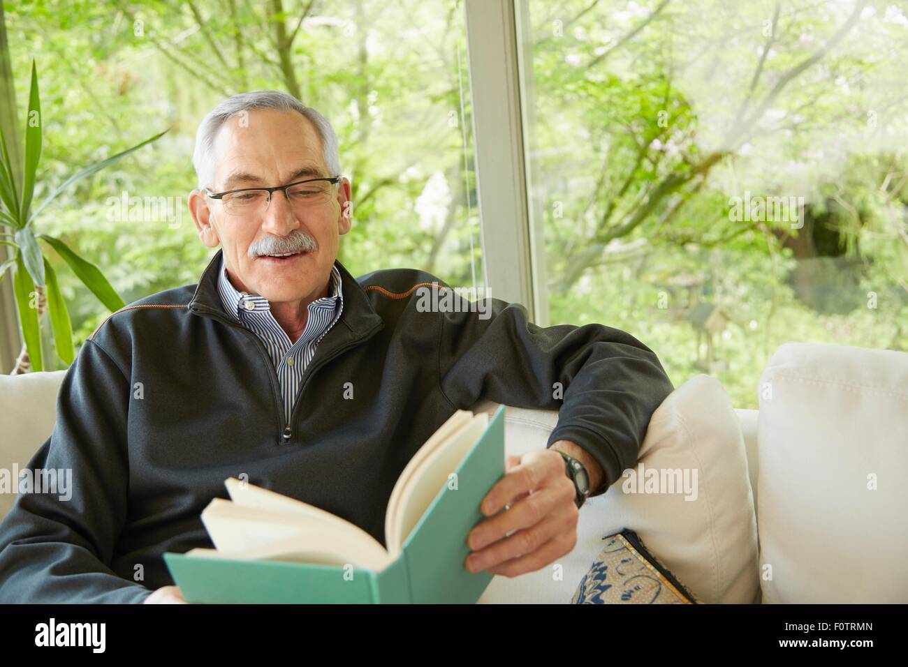 Senior uomo a casa, libro di lettura Foto Stock