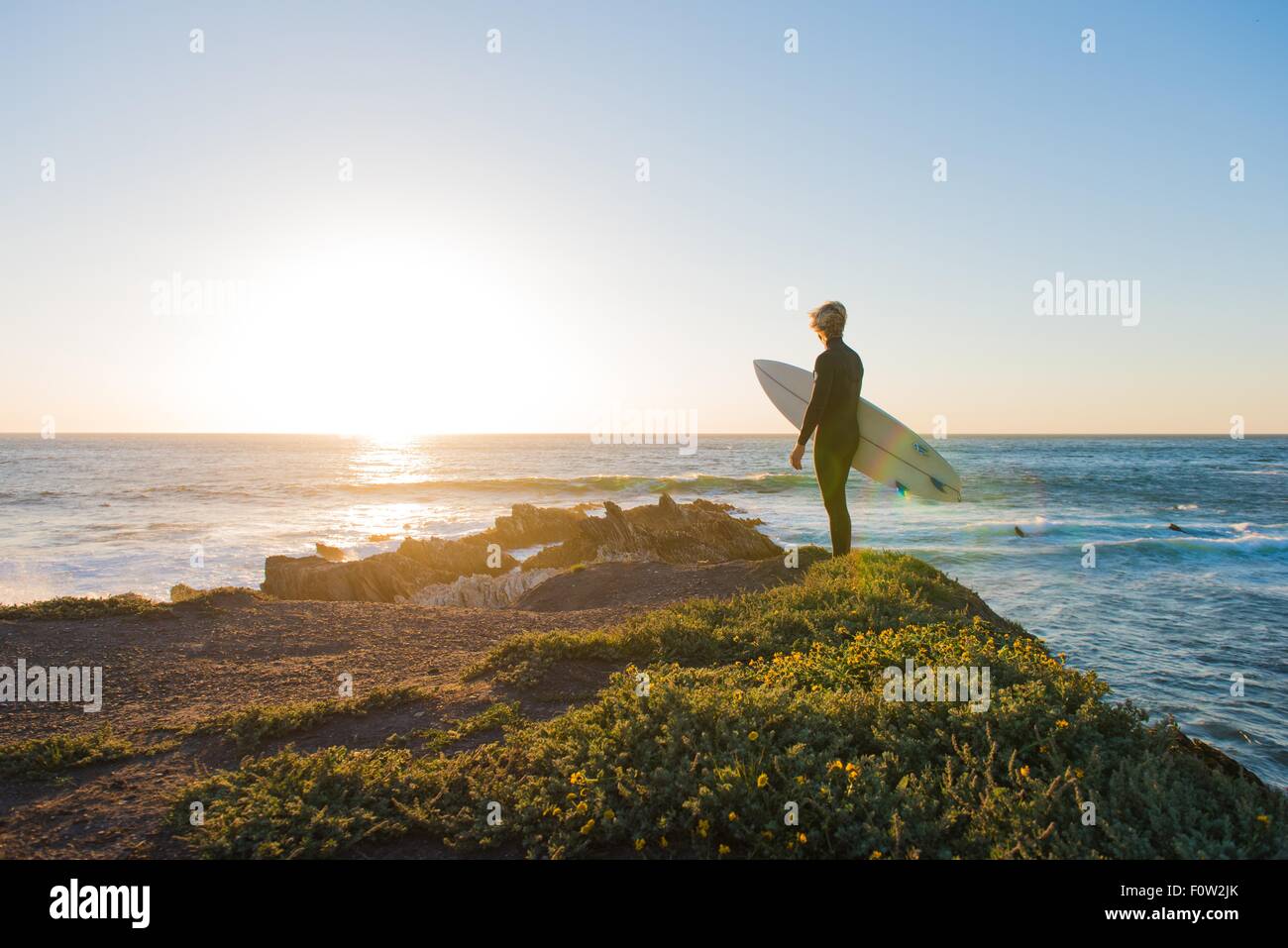Giovane maschio surfer che guarda al mare da una scogliera di sunrise Foto Stock