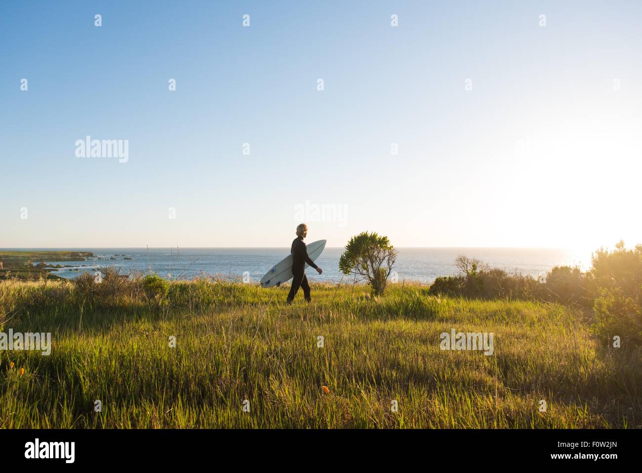 Giovane maschio surfer a piedi con la tavola da surf di sunrise Foto Stock