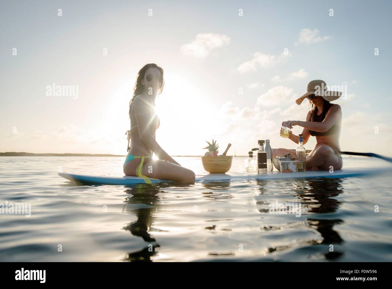 Due giovani donne la preparazione di cocktail su paddleboard, Islamorada, Florida, Stati Uniti d'America Foto Stock