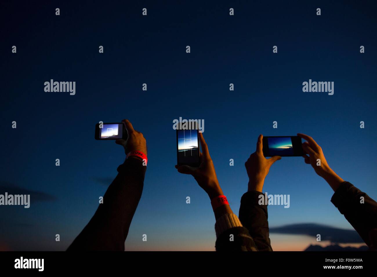 Gli amici di prendere foto con lo smartphone al crepuscolo Foto Stock