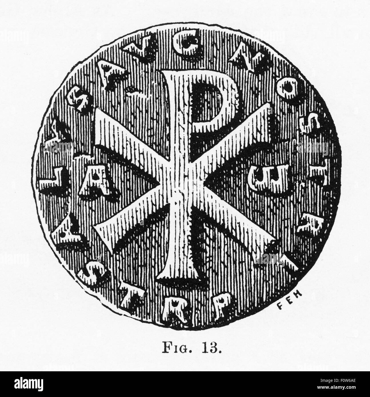 Cristiana antica moneta con il simbolismo cristiano incisione Foto Stock