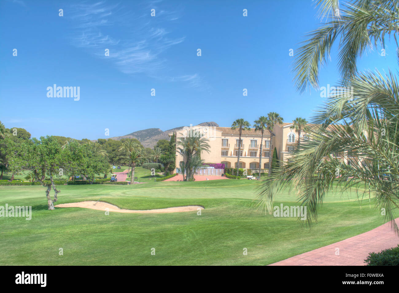 HDR del diciottesimo verde nel corso del Nord, La Manga Club, La Manga, Murcia, sud orientale della Spagna, Europa Foto Stock