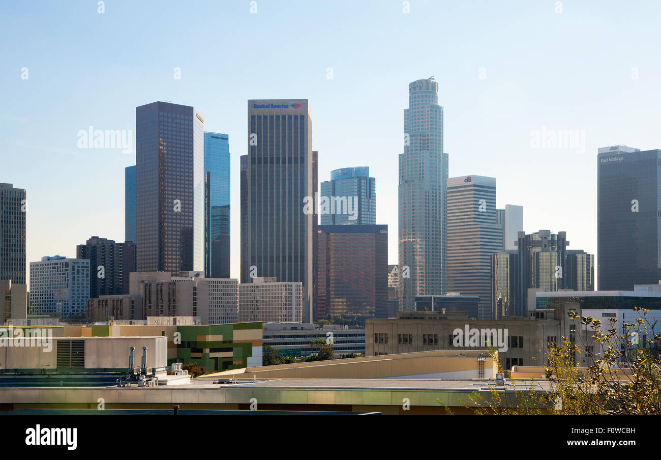 Il centro cittadino di Los Angeles skyline, giorno da nord-ovest, vista da sud-est, 2014. Foto Stock
