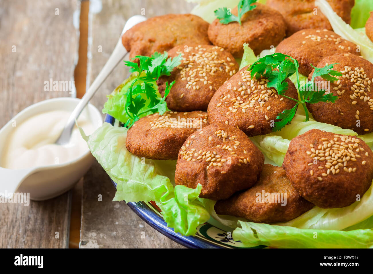 Cibo libanese con ceci fritte falafel e insalata con salsa yougur Foto Stock