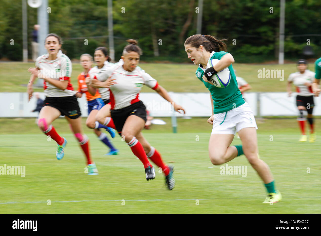Dublino, Irlanda. Il 22 agosto 2015. Irlanda v Messico durante la donna Sevens qualificatore di serie corrisponde all'UCD Bowl, Dublino. L'Irlanda ha vinto la partita 64 - 0. Credito: Elsie Kibue / Alamy Live News Foto Stock