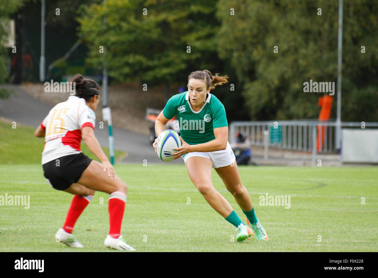 Dublino, Irlanda. Il 22 agosto 2015. Irlanda v Messico durante la donna Sevens qualificatore di serie corrisponde all'UCD Bowl, Dublino. L'Irlanda ha vinto la partita 64 - 0. Credito: Elsie Kibue / Alamy Live News Foto Stock
