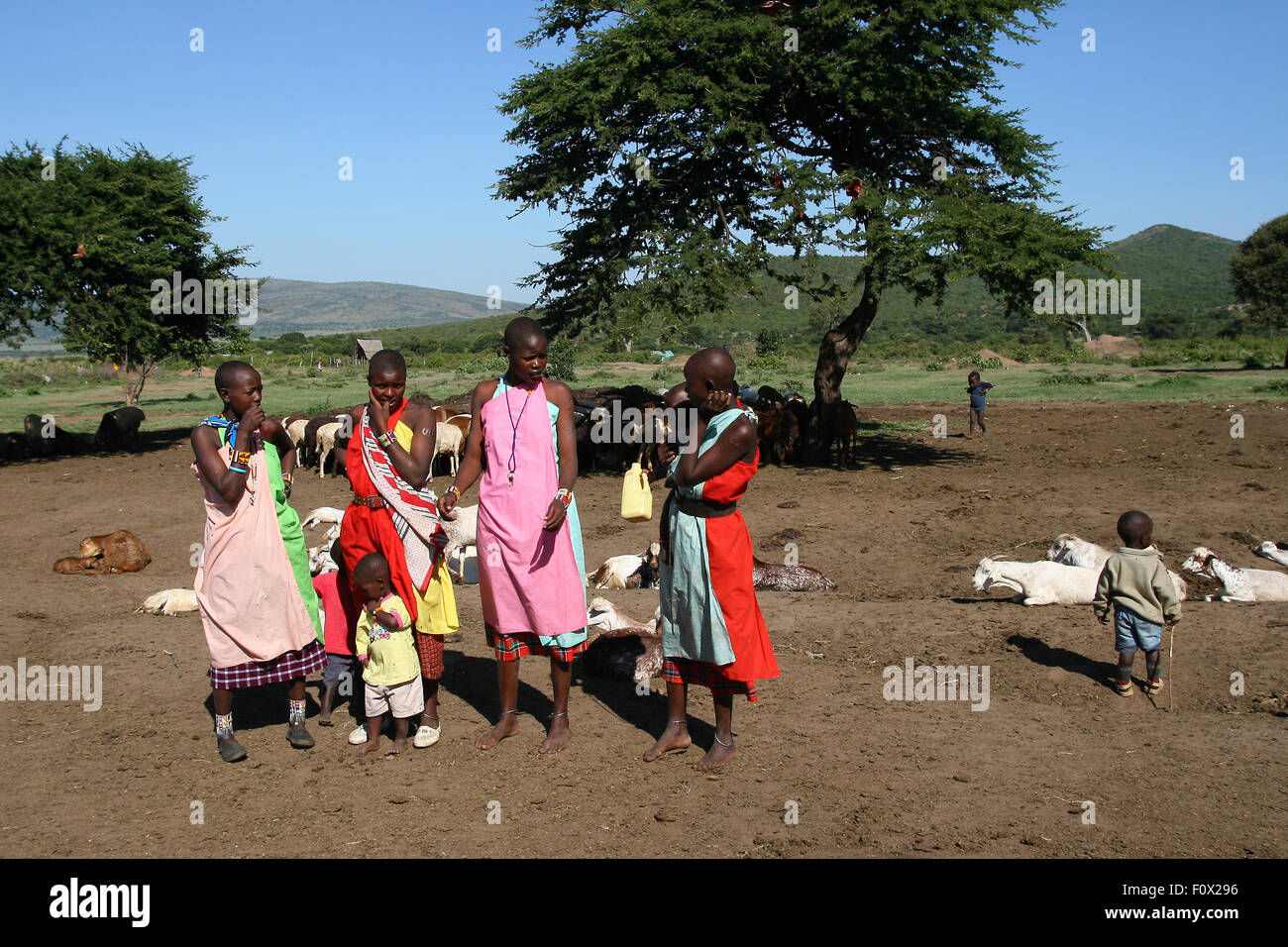 Un gruppo di ragazze africane e i bambini dalla tribù Masai in Kenya, mostrano i loro abiti tradizionali Foto Stock