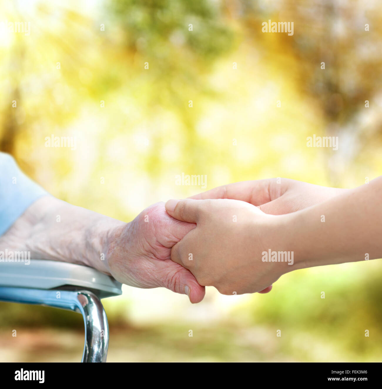 Donna anziana in sedia a rotelle tenendo le mani con il giovane custode in autunno Foto Stock