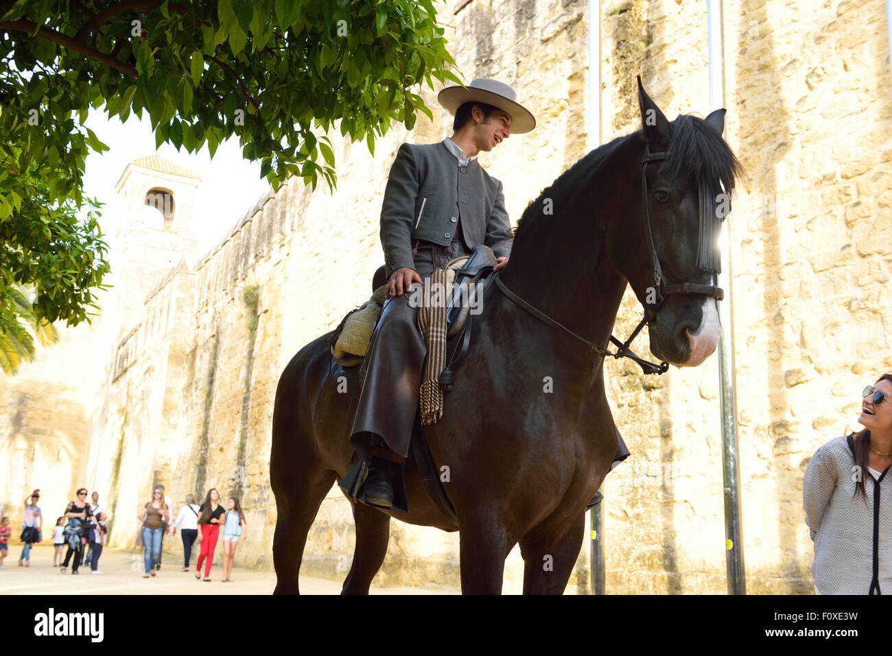 Cavaliere a cavallo per parlare ad una promozione turistica di spettacolo equestre a Alcazar Cordoba Foto Stock