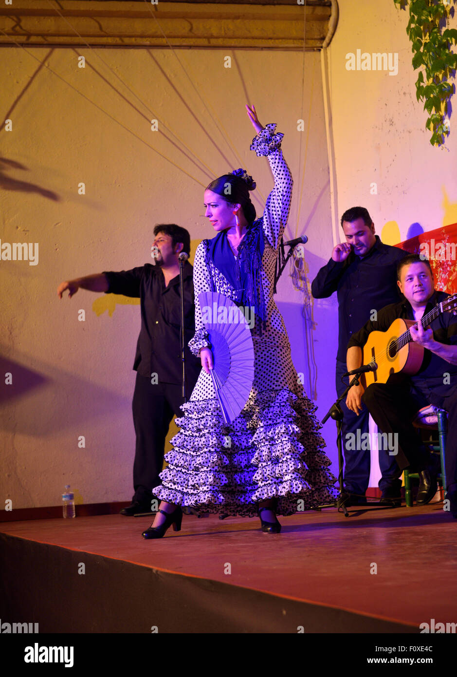 Flamenco femmina tocca la ballerina con ventola sul palco durante la notte in un cortile esterno a Cordoba Spagna Foto Stock