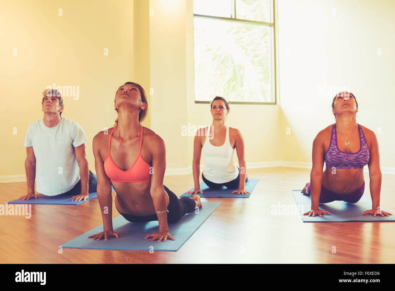 Gruppo di persone rilassante e praticare lo Yoga. La pratica di posa del Cobra. Benessere e uno stile di vita sano. Foto Stock