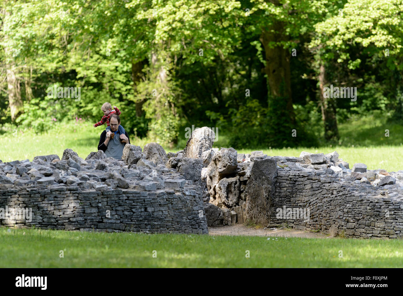 Padre e figlio guarda il cairn presso il Parc Le Breos, Gower .è più di 5000 anni e si trova in una splendida vallata. Foto Stock