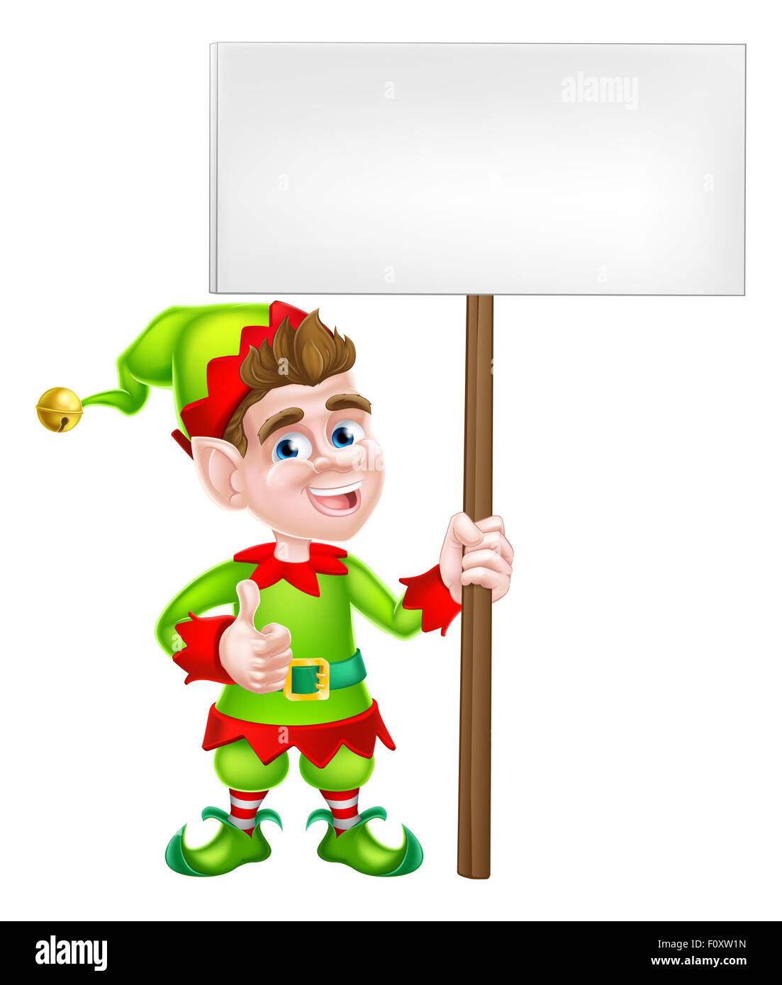 Cartoon Christmas Elf o uno di Santa s Natale aiutanti tenendo un cartello e dando un pollice in alto Foto Stock