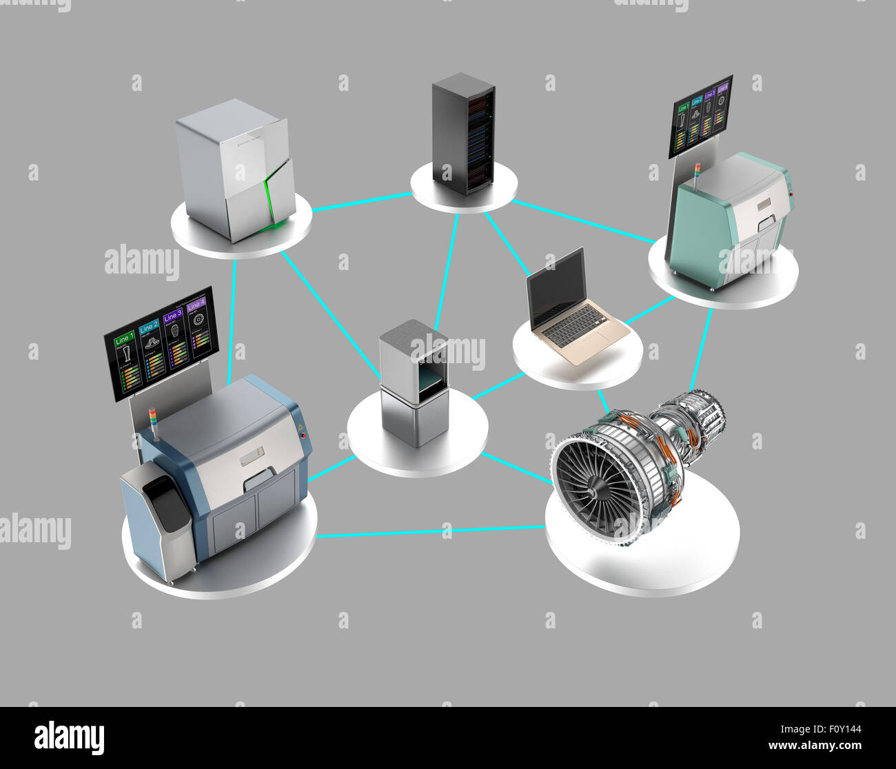 Illustrazione per smart factory concetto. Collegare il computer, stampante 3D, smart sistema energetico, cloud service al gruppo motore jet. Foto Stock