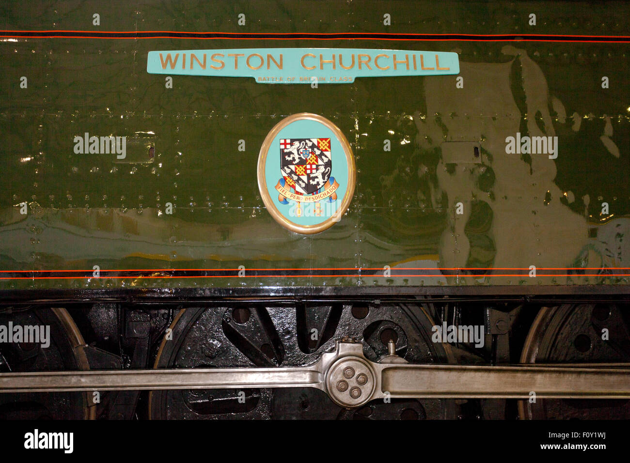 Targhetta di Bulleid Ex-Southern 34051 ferroviaria "Winston Churchill" nel museo nazionale delle ferrovie, York, England, Regno Unito Foto Stock