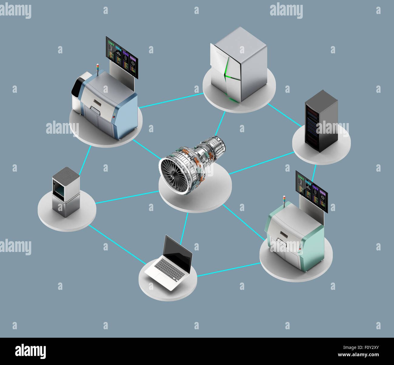 Illustrazione per smart factory concetto. Collegare il computer, stampante 3D, smart sistema energetico, cloud service al gruppo motore jet. Foto Stock