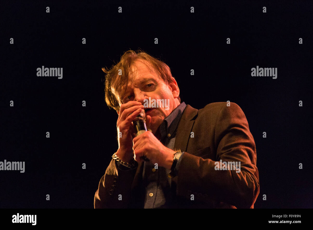 Glanusk Park vicino a Brecon Galles, 22 agosto 2015. Il secondo giorno del Green Man festival di musica nel Brecon Beacons Montagne in Galles. La folla sperimentato 24C di calore e di enorme di temporali. Nella foto: Punk legend MARK E SMITH della caduta di riproduzione sul lontano fuori fase. Credito: Rob Watkins/Alamy Live News Team Foto Stock