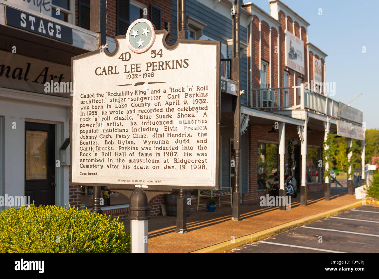 Marcatore storico commemorativo Carl Lee Perkins nel Casey Jones Village a Jackson, nel Tennessee. Foto Stock