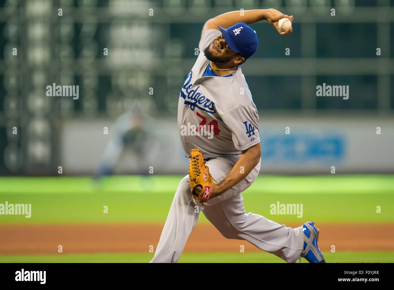 Houston, TX, Stati Uniti d'America. 23 Ago, 2015. Los Angeles Dodgers relief pitcher Kenley Jansen (74) passi durante il nono inning di una Major League Baseball gioco tra Houston Astros e il Los Angeles Dodgers al Minute Maid Park a Houston, TX. Trask Smith/CSM/Alamy Live News Foto Stock