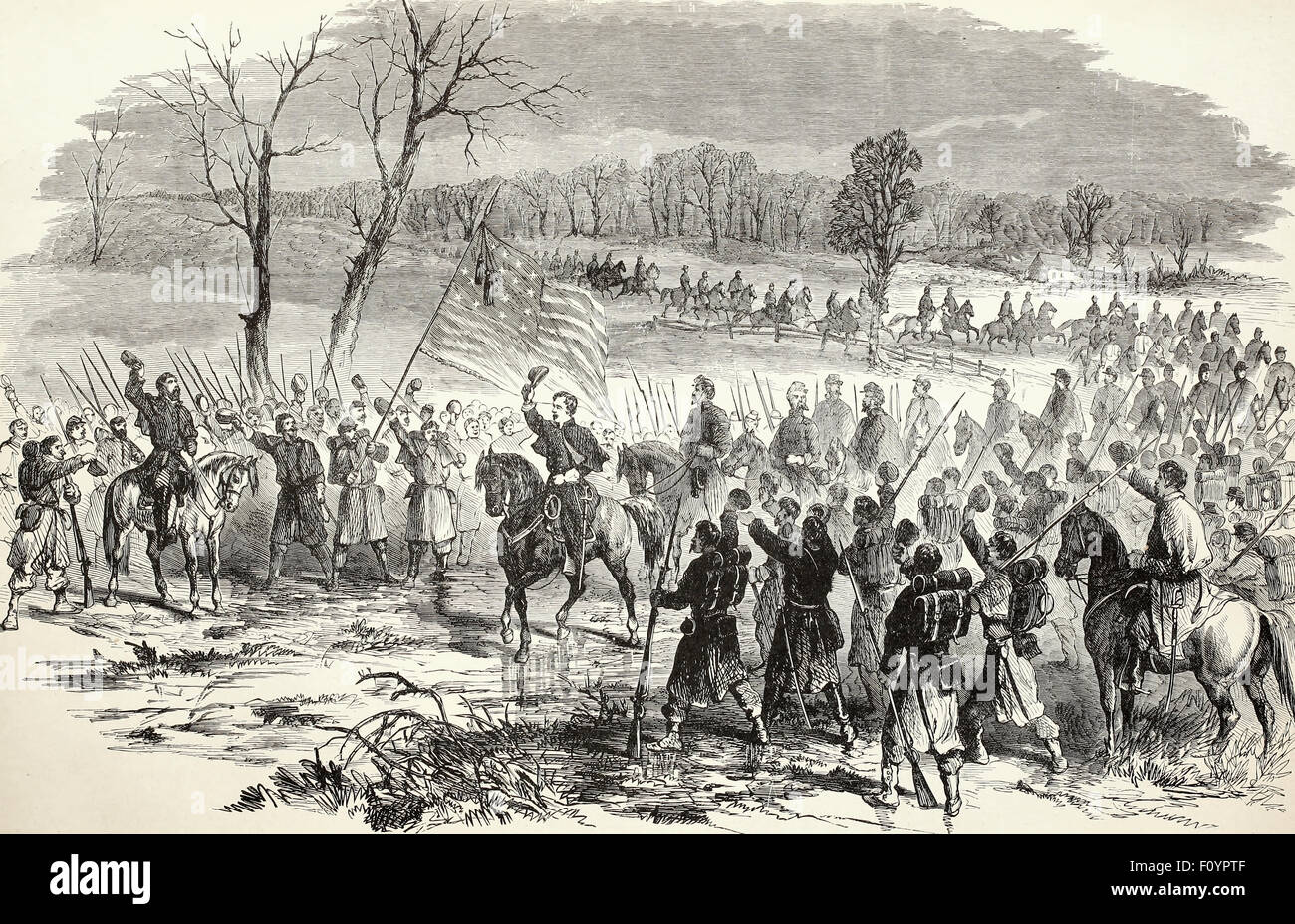 Arrivo del generale McClellan, 5 aprile 1862 a prendere personalmente il comando dell'esercito federale nel suo avanzamento a Yorktown, Virginia - dimostrato entusiasta accoglienza da parte delle truppe Foto Stock