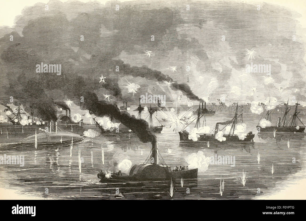 La grande battaglia navale del Mississippi - passaggio della seconda divisione della squadrone federale passato Fort San Filippo, 24 aprile 1863 usa la guerra civile Foto Stock