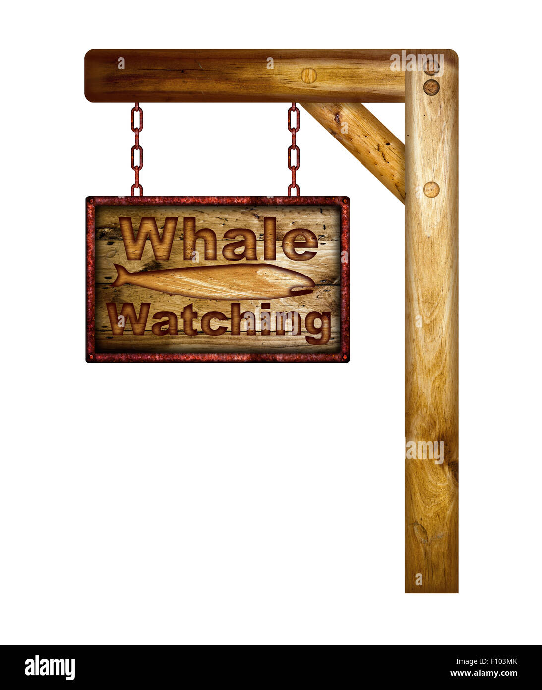 Legno di whale watching segno su uno sfondo bianco. Foto Stock