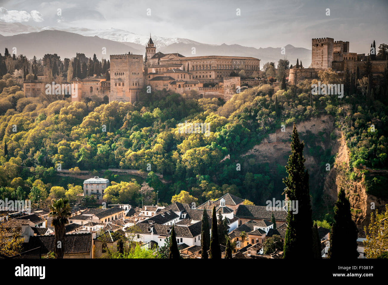 Vista della Alhambra dal quartiere Albaicin, Mirador de San Nicolas, Granada, Andalusia, Spagna Foto Stock