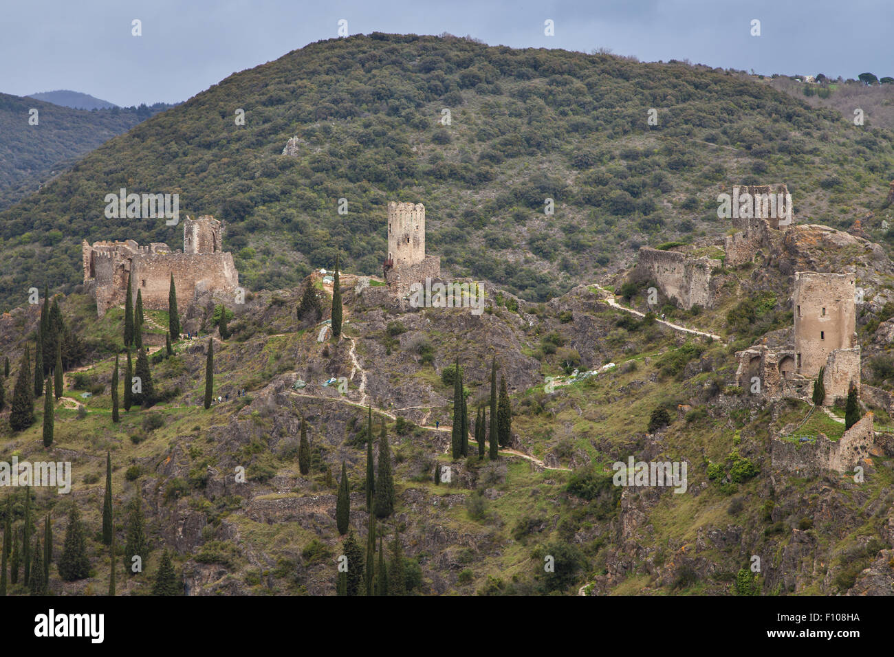 Chateaux de Lastours, Languedoc-Roussillon, Francia. Foto Stock