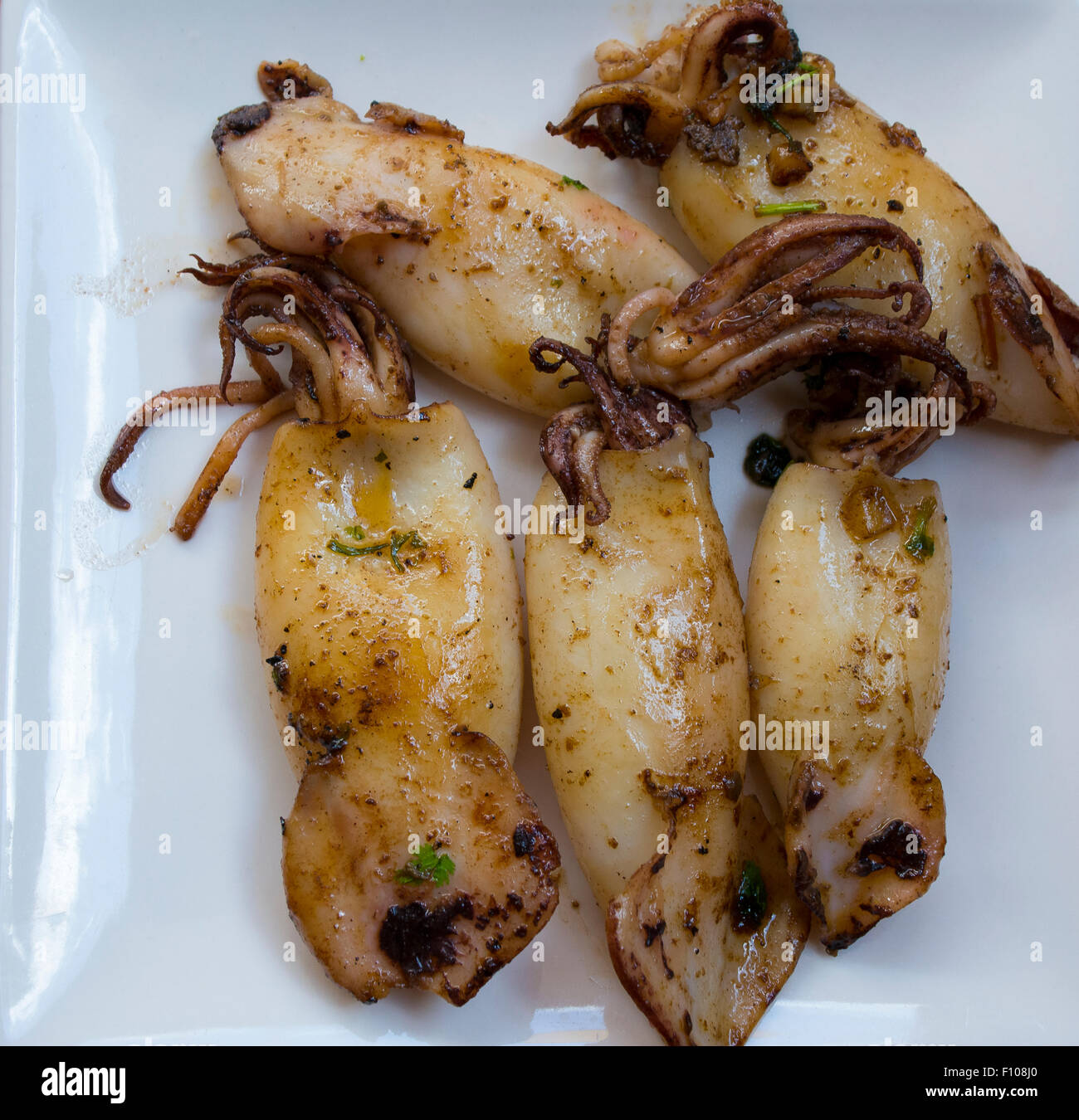 Calamari con aglio e peregil Foto Stock