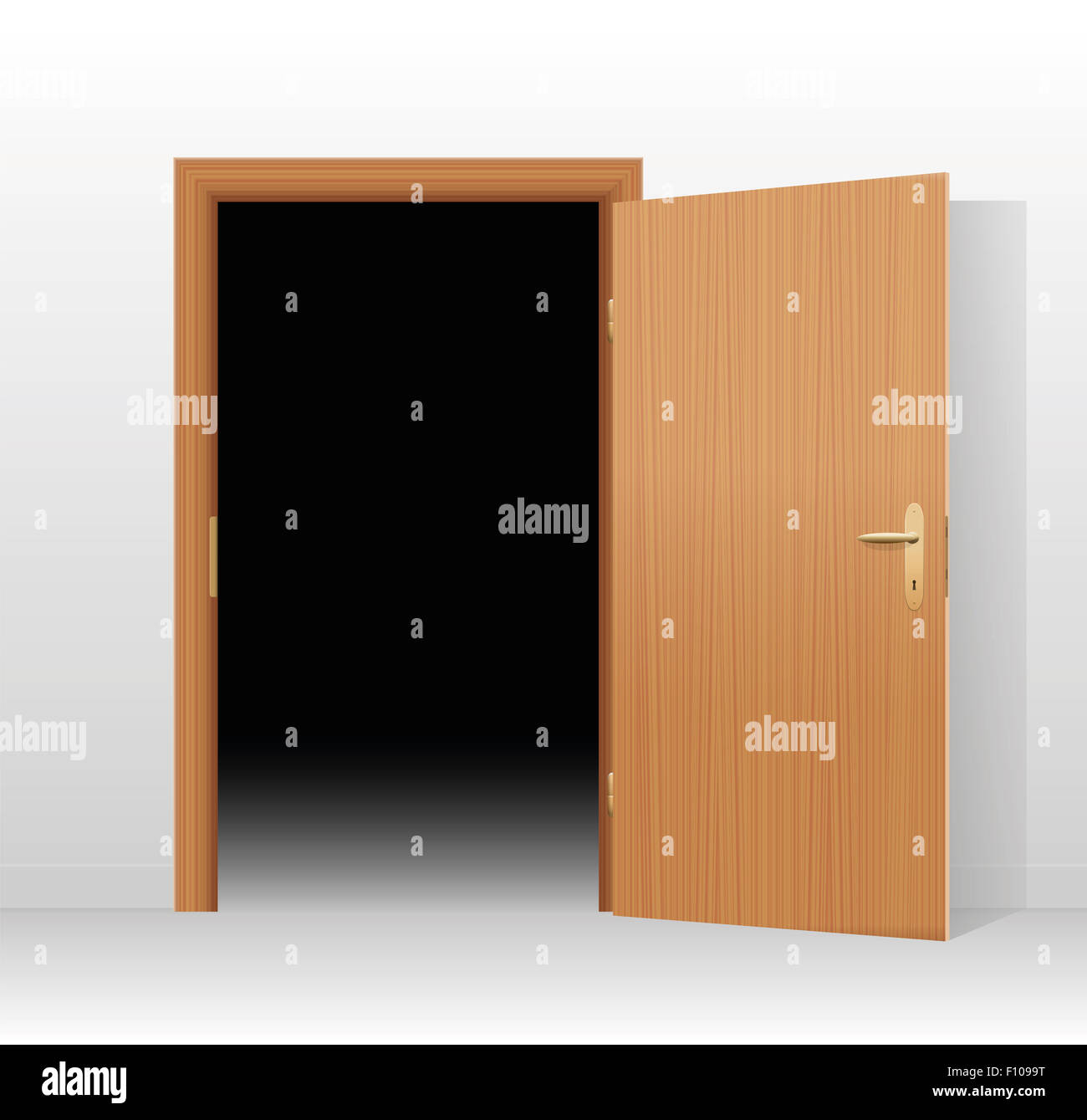 Illustrazione di una ampia porta aperta a un buio spento in camera. Foto Stock