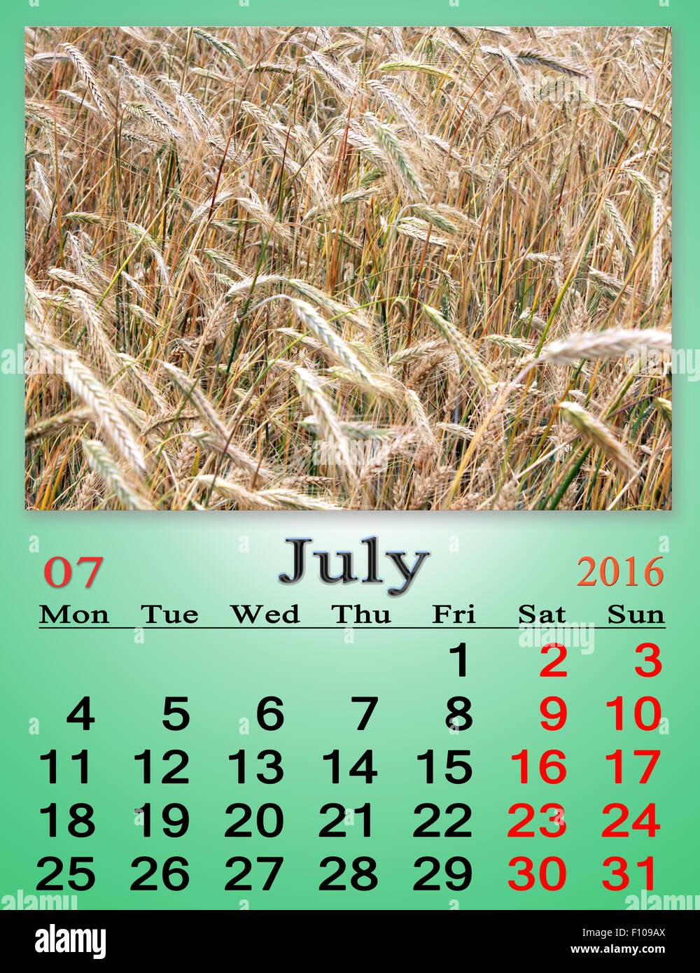 Calendario per il mese di luglio 2016 con il campo di grano maturo Foto Stock