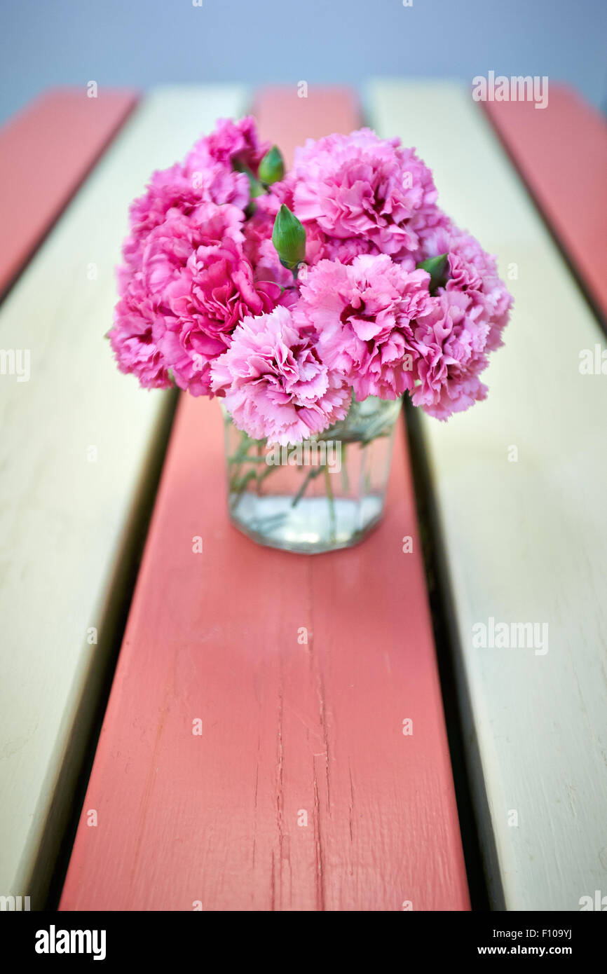 Garofani rosa su un tavolo presso la Canonica Farm Cafe di Stanton St John, Oxforshire Foto Stock