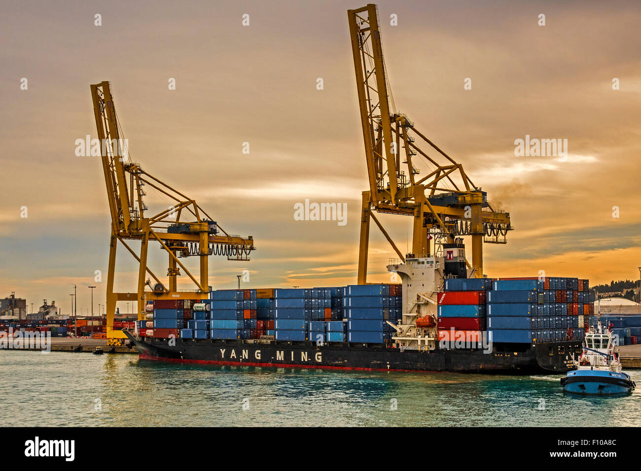 Gru portuali e la nave portacontainer Barcellona Spagna Foto Stock