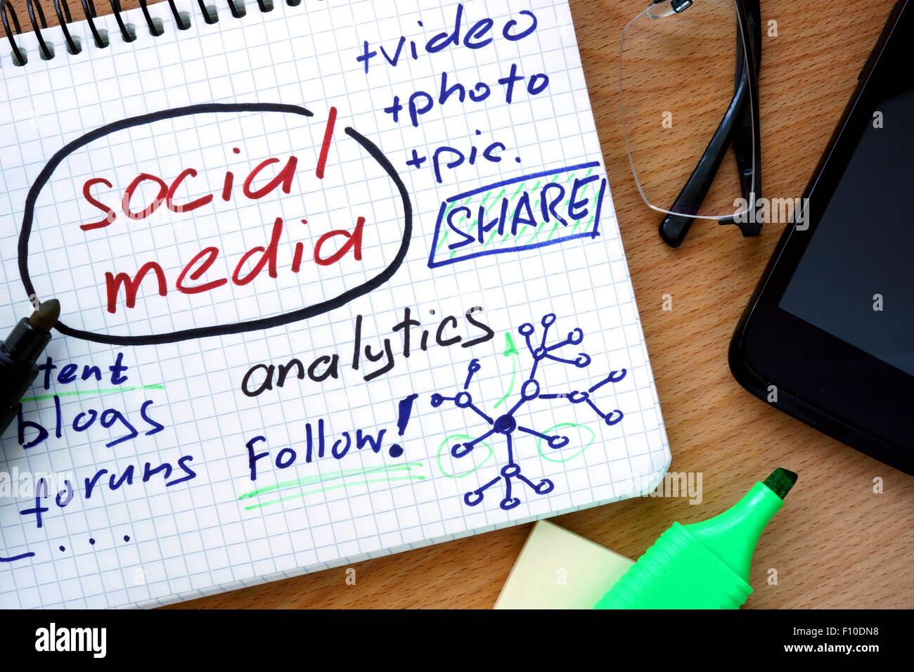 Blocco note con parole social media analytics su uno sfondo di legno Foto Stock