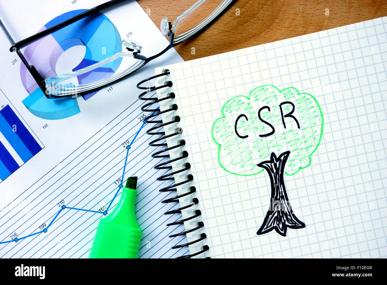 Blocco note con la RSI la responsabilità sociale delle imprese ufficio su un tavolo di legno. Foto Stock