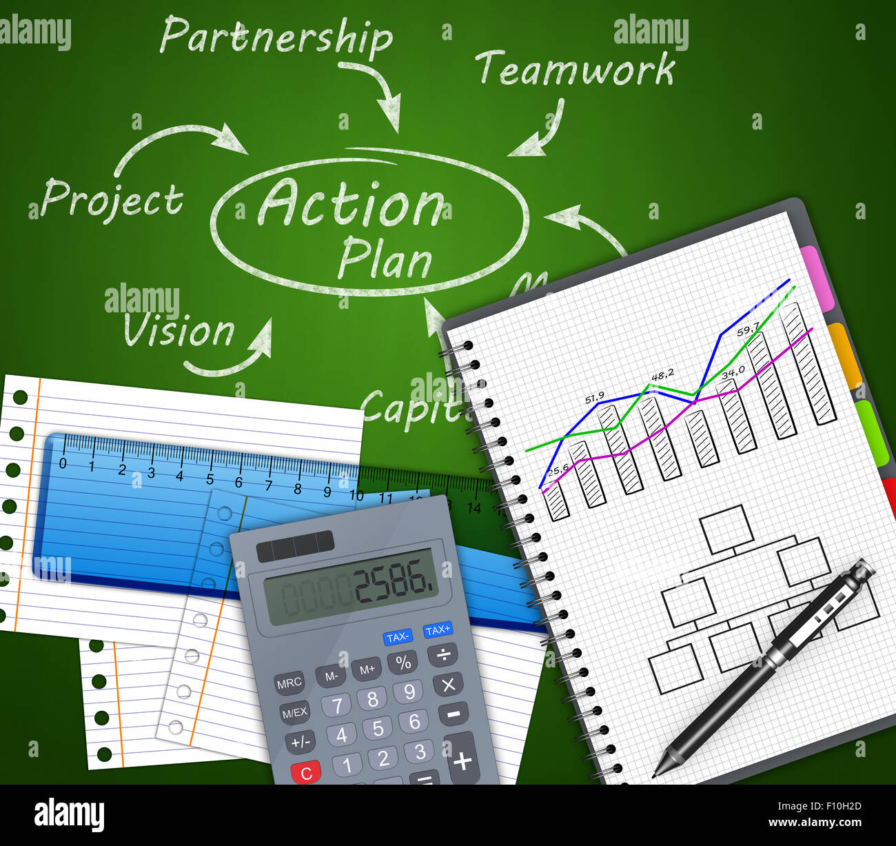 Piano di azione sulla lavagna e scrivanie Foto Stock