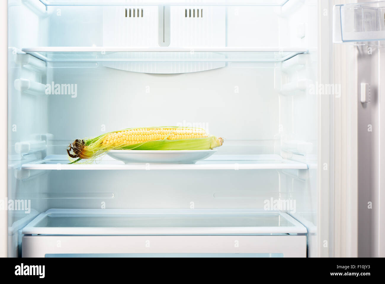 Spiga del granoturco sulla piastra bianca in aprire il frigorifero vuoto. Perdita di peso la dieta concetto. Foto Stock