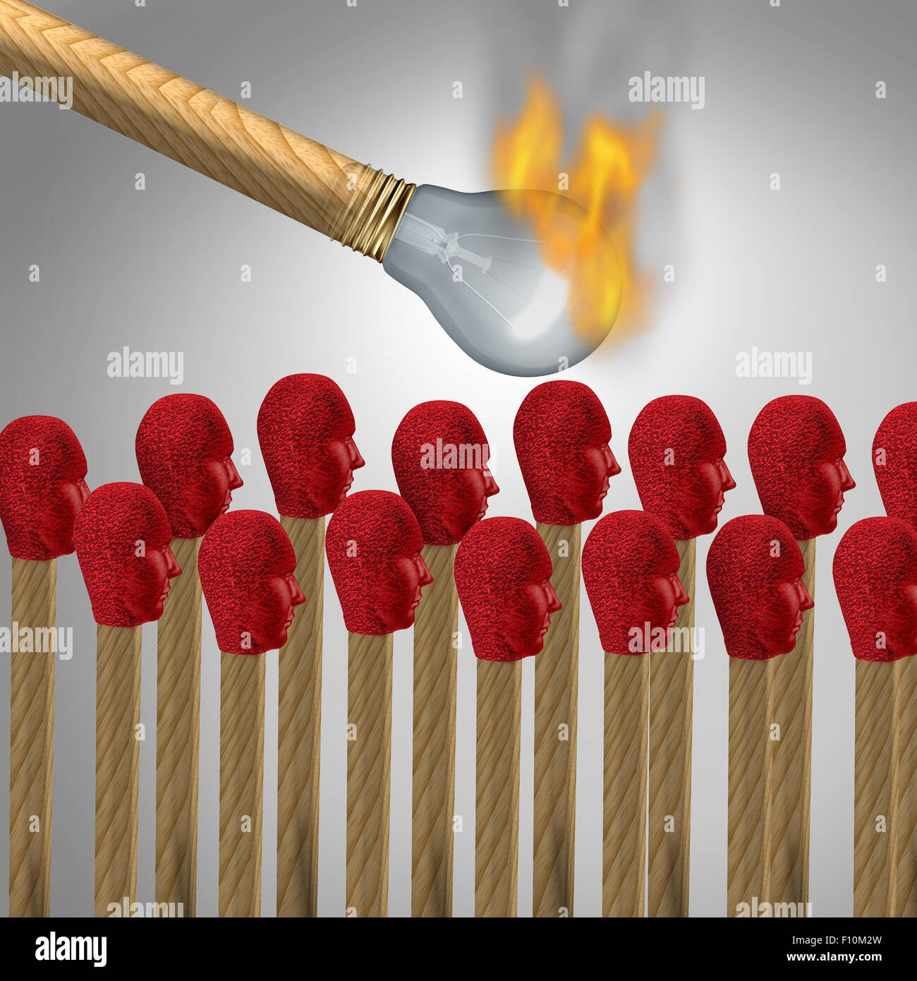 Idee che cattura il concetto di viral marketing simbolo e la diffusione di una idea popolare o propaganda e lavaggio del cervello sociale icona di comunicazione come un acceso matchshaped come una lampadina della luce di illuminazione di un gruppo di altri incontri a forma di teste umane. Foto Stock