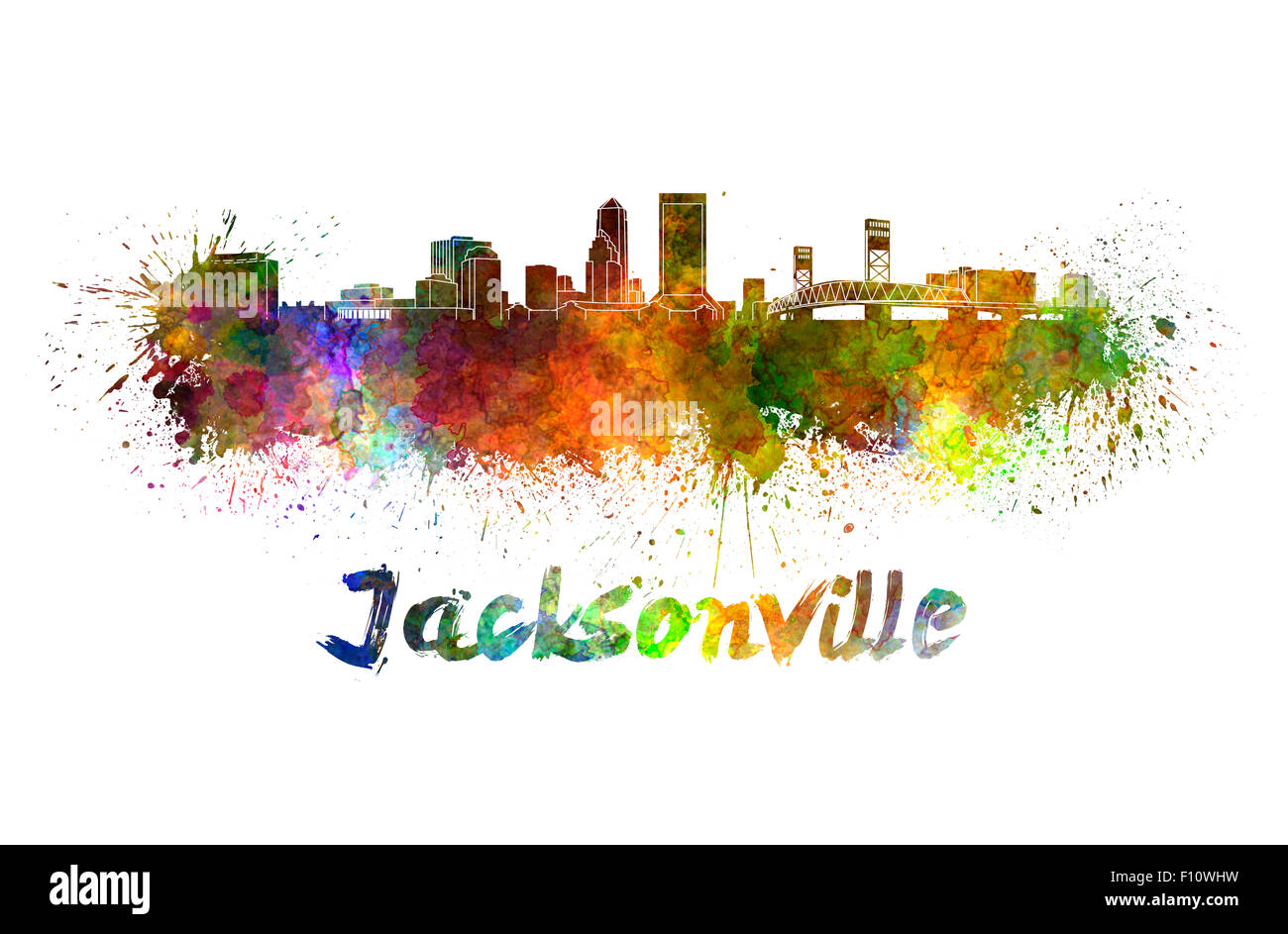 Il Jacksonville skyline in acquerello schizza con tracciato di ritaglio Foto Stock