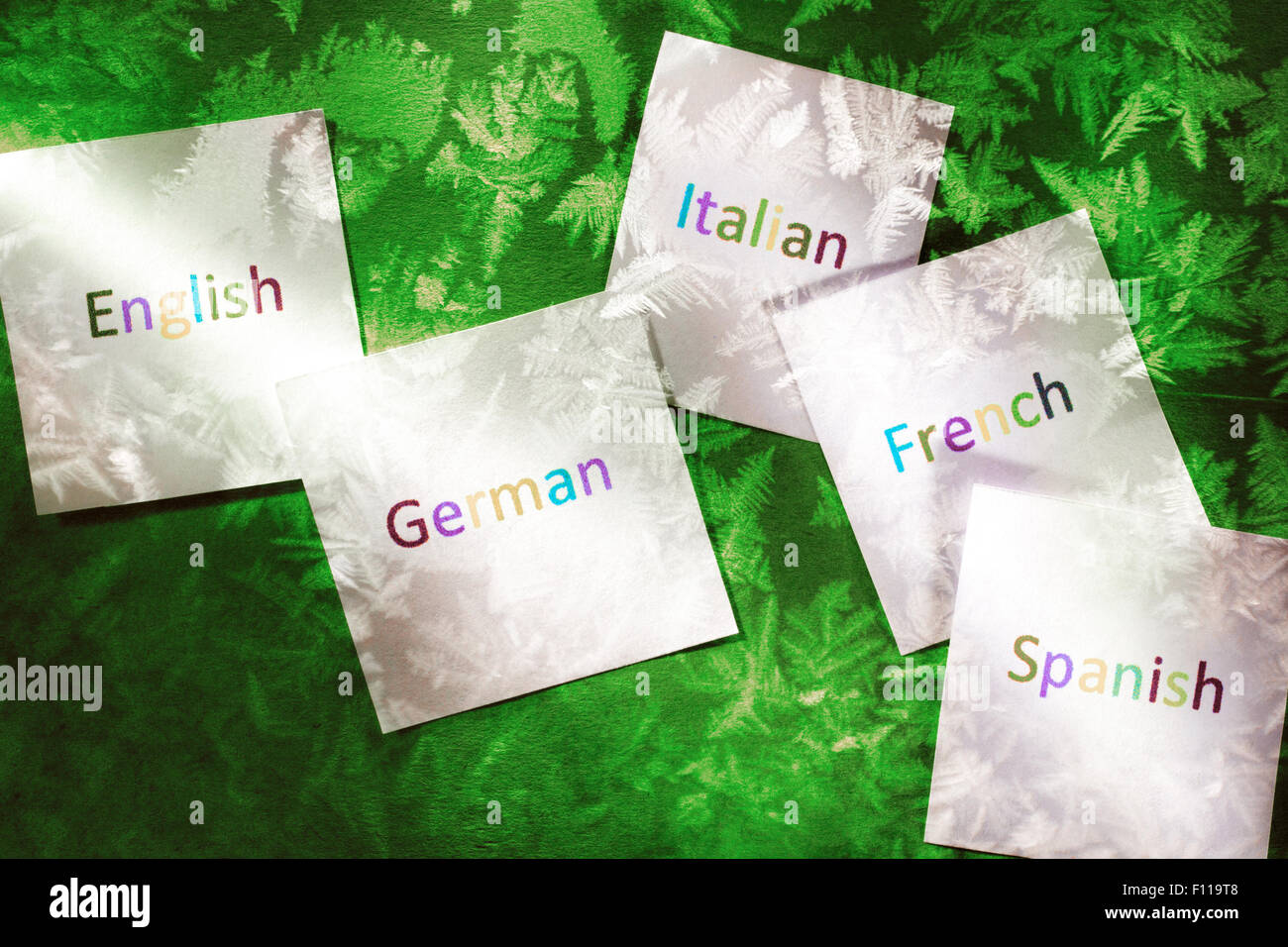 Le schede con diverse lingue in luce e colore Foto Stock