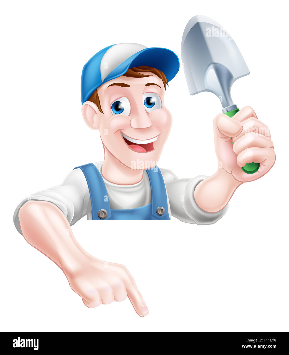 Un cartoon mascotte di giardinaggio giardiniere uomo tenendo un giardino cazzuola e con la punta rivolta verso il basso in corrispondenza di un segno Foto Stock