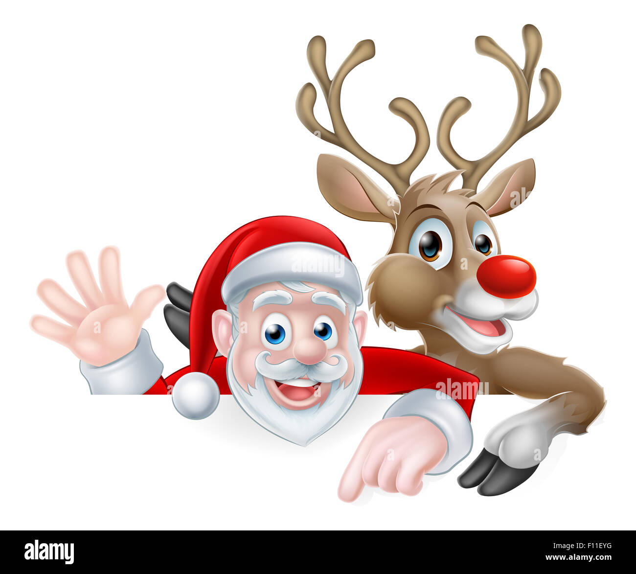 Illustrazione di natale di cartoon Santa e renne peeking al di sopra di segno e di puntamento sventolando Foto Stock