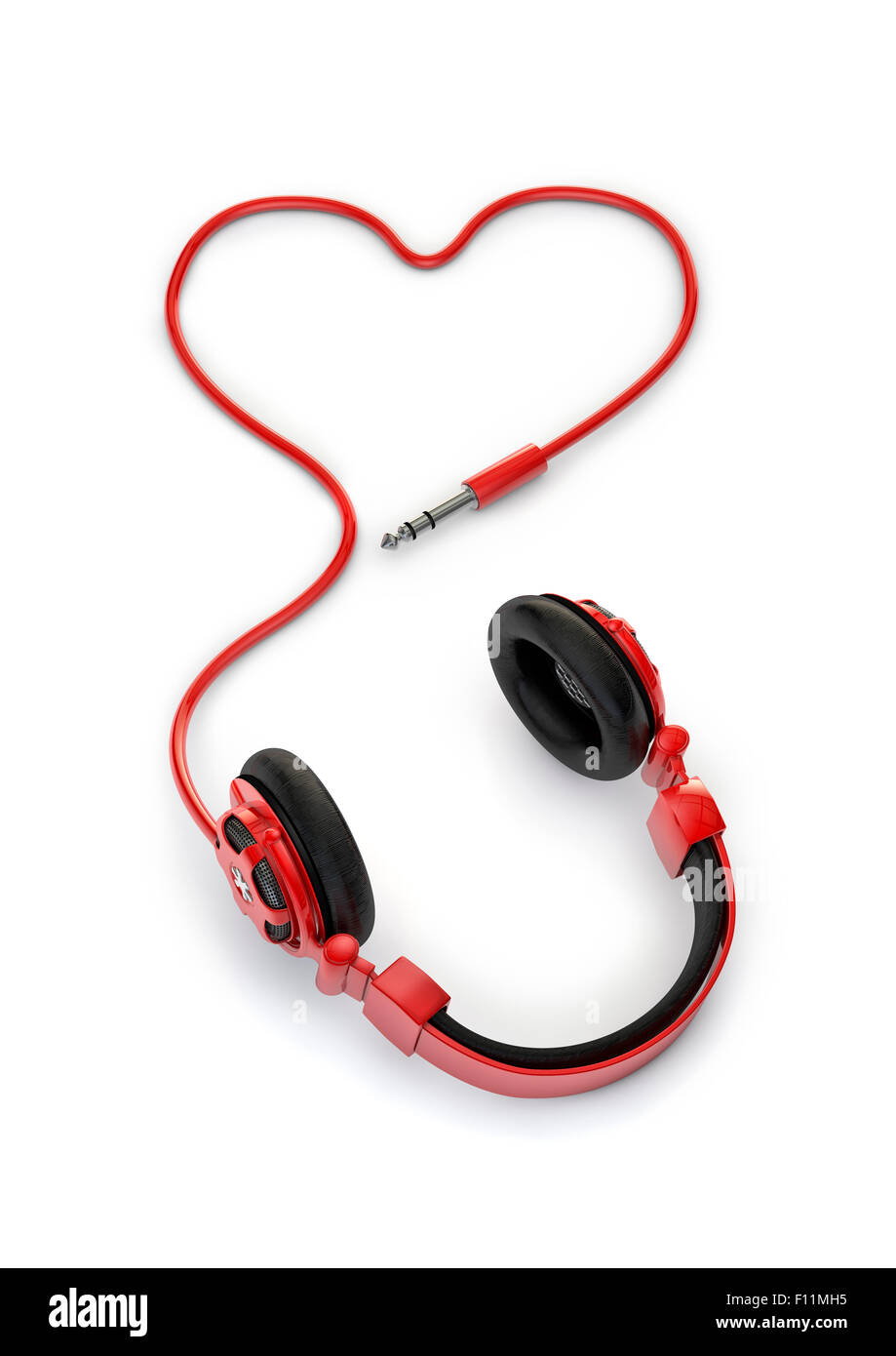 Amore per la musica, 3D Rendering di cuffie con cordicella formante forma di cuore Foto Stock