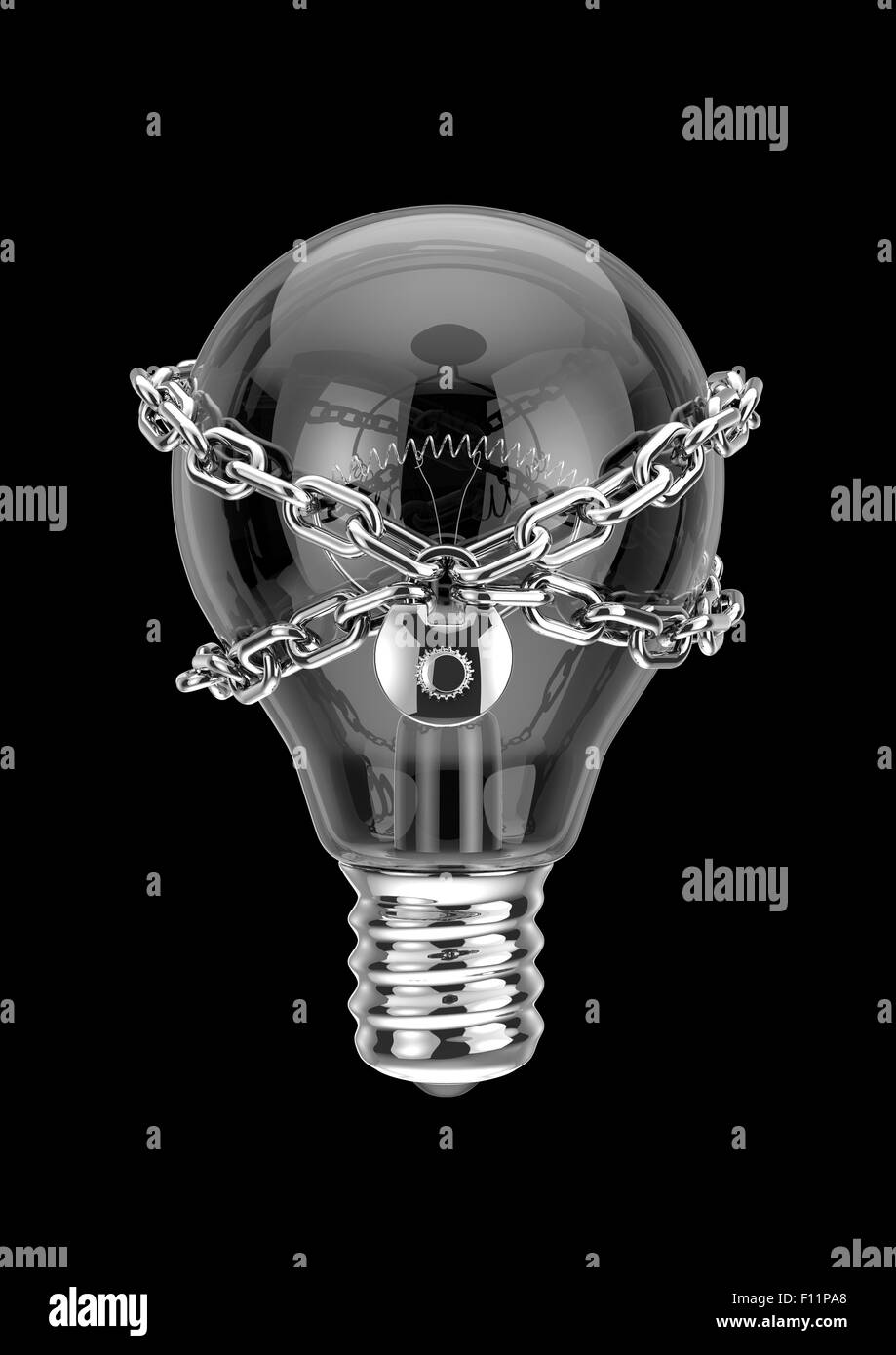 Proprietà intellettuale, 3D Rendering della lampadina con serratura e catena Foto Stock