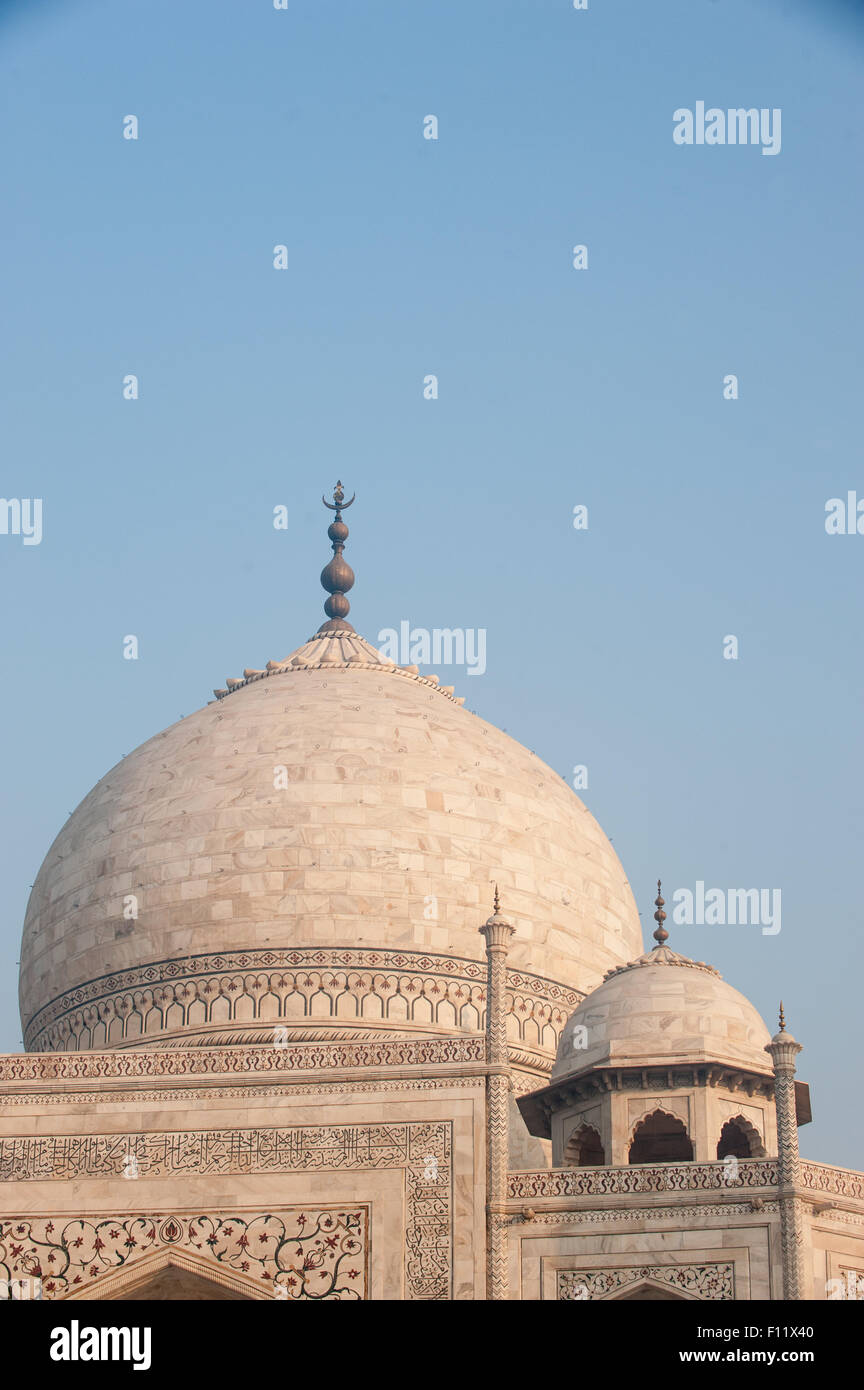 Agra, Uttar Pradesh, India. Il Taj Mahal; cupola principale e secondario di cupola con dettaglio di semi-preziosi intarsi in pietra sopra l'arco trionfale. Foto Stock