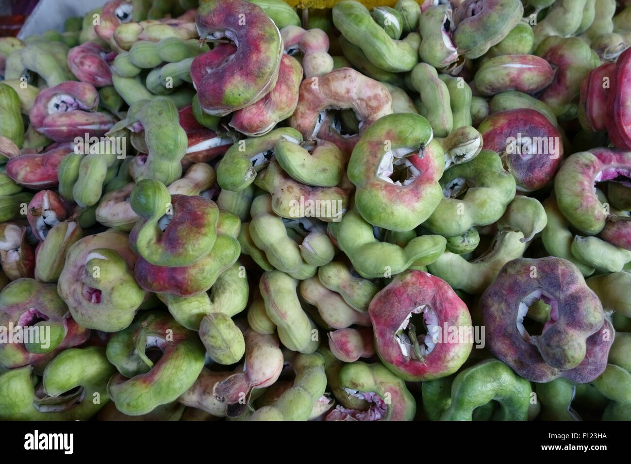 Manila tamarindo, Pithecellobium dulce, seedpods per la vendita in un Bangkok mercato alimentare, Thailandia Foto Stock