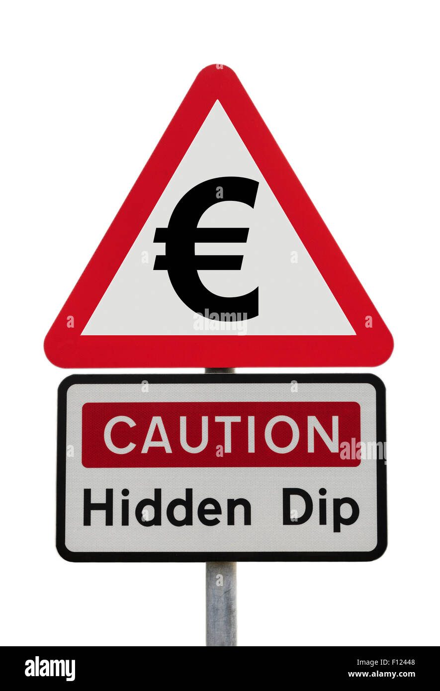 Triangolare di cartello stradale Avvertenza e Attenzione Dip nascosti con il simbolo dell'Euro per illustrare futuro finanziario e Brexit concetto. Europa Foto Stock